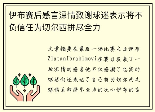 伊布赛后感言深情致谢球迷表示将不负信任为切尔西拼尽全力
