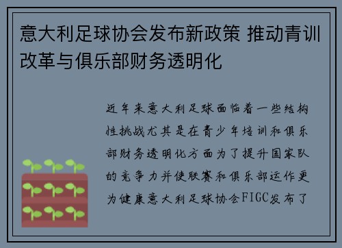 意大利足球协会发布新政策 推动青训改革与俱乐部财务透明化