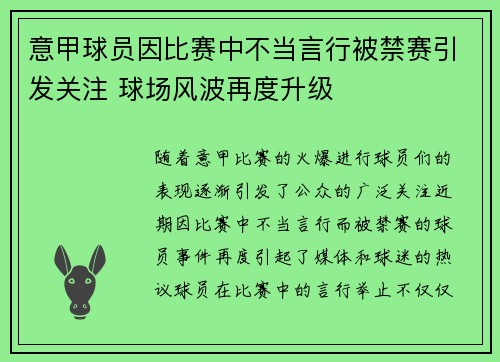 意甲球员因比赛中不当言行被禁赛引发关注 球场风波再度升级
