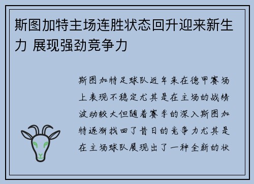 斯图加特主场连胜状态回升迎来新生力 展现强劲竞争力