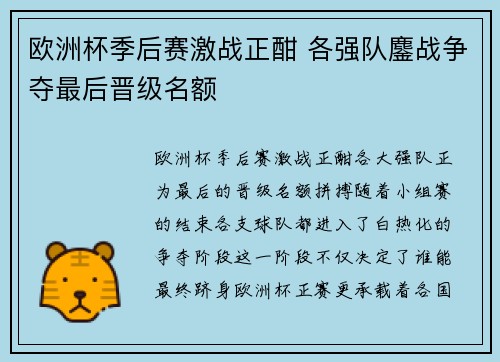 欧洲杯季后赛激战正酣 各强队鏖战争夺最后晋级名额