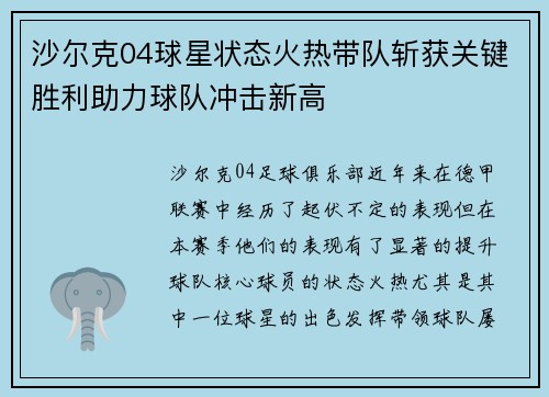 沙尔克04球星状态火热带队斩获关键胜利助力球队冲击新高