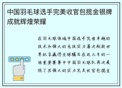中国羽毛球选手完美收官包揽金银牌成就辉煌荣耀
