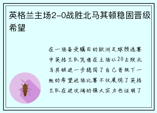 英格兰主场2-0战胜北马其顿稳固晋级希望