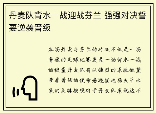 丹麦队背水一战迎战芬兰 强强对决誓要逆袭晋级