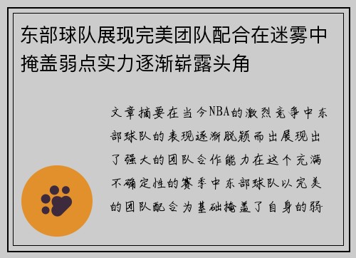 东部球队展现完美团队配合在迷雾中掩盖弱点实力逐渐崭露头角